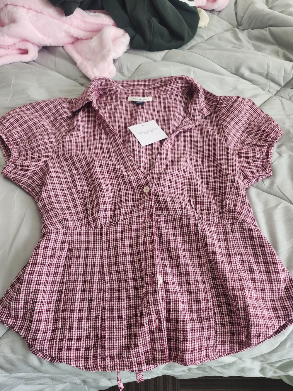 American Eagle Outfitters Pink Plaid Short-Sleeve Button-Down Top